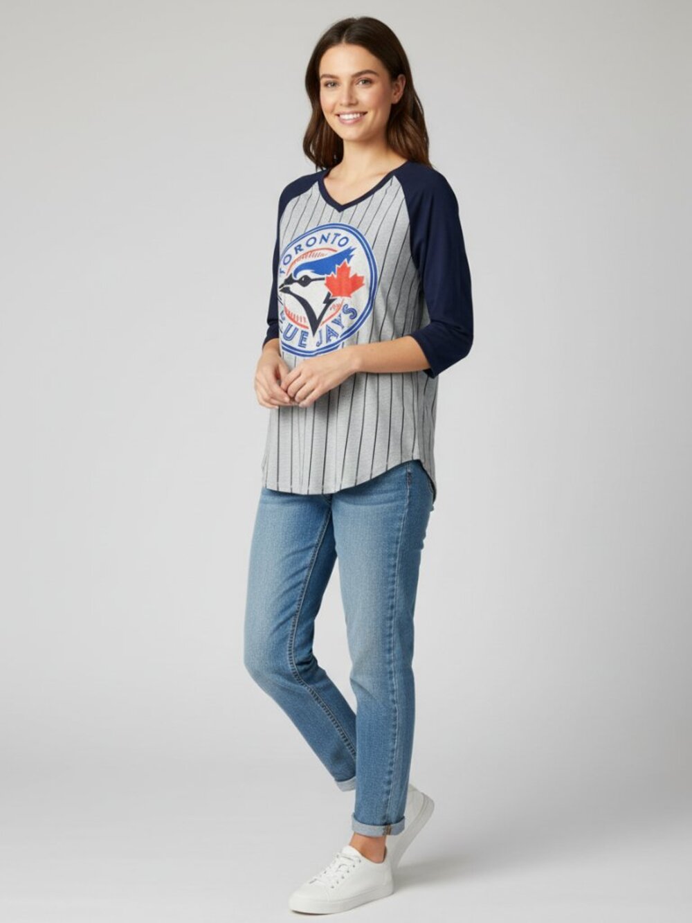 Genuine Merchandise Toronto Blue Jays Pinstripe Raglan Tee - Gray, Navy & Blue